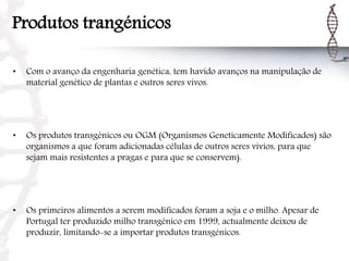 Produtos trangénicos
• Com o avanço da engenharia genética, tem havido avanços na manipulação de
material genético de plantas e outros seres vivos.
• Os produtos transgénicos ou OGM (Organismos Geneticamente Modificados) são
organismos a que foram adicionadas células de outros seres vivios, para que
sejam mais resistentes a pragas e para que se conservem).
• Os primeiros alimentos a serem modificados foram a soja e o milho. Apesar de
Portugal ter produzido milho transgénico em 1999, actualmente deixou de
produzir, limitando-se a importar produtos transgénicos.
 