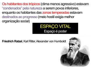 Os habitantes dos trópicos (clima menos agressivo) estavam
“condenados” pela natureza a serem povos inferiores,
enquanto os habitantes das zonas temperadas estavam
destinados ao progresso (meio hostil exigia melhor
organização social)

ESPAÇO VITAL
Espaço é poder
Friedrich Ratzel, Karl Ritter, Alexander von Humboldt

 