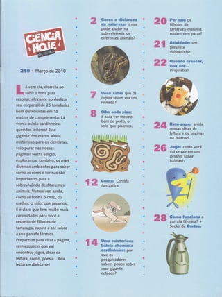 .ffi.gewm.m w, d,Ë'*Sm,ff#&Ì,H
#g* mm€gg*:,s$ffiËëi o que
pode ajudar na
sobrevivência de
diferentes animais?
ffi#fu.- qx**,s€w gc,mlat*:
é para ver mesmo,
bem de perto, o
solo que pisamos.
ffiesseËws Corrida
fantástica.
.'";*n
ffi ffimr ffiee# os
;,i;;1r=,r,:;,i :,iii,ìs.
filhOteS dg
tartaruga-marinha
nadam sem parar?
ffi,ffiw$.#.mdmx um
presente
dobradinho.
ffiffi
ã f 0 Março de 201 0
á vern ela, discreta ao
& subir a tona para
respirar, elegante ao deslizar
seu corpanzil de 25 toneladas
bern distrlbuídas em 15
metros de comprirnento. Lá
vem a baleia-sardinheira,
g ueridos leÍtores ! Esse
gigante dos mares, ainda
misterioso para os cientistas,
velo parar nas nossas
páginasl Nesta edição,
expNorarnosn também, os mais
diversos arnbientes para saber
como as cores e formas são
importantes para a
sobrevivência de diferentes
anirnais. Vamos ver, ainda,
como se forma o chão, ou
melhor, o solo, que pisamos.
E é claro gue tem muito mais
curiosidades para você a
respeito de filhotes de
tartaruga, cupins e até sobre
a sua garrafa térmica.
Prepare-se para vi rar a páginâ,
sem esquecer que vai
encontrar jogos, dicas de
leituraÍ conto, poesia... Boa
leitura e divirta-se!
ry I'#wry,&, "wmfu#m que os
:it::!;,i::' cuplns vlvem gm um
reinado?
'tt'1.''. 'iiliÏft "ffi$emc*dw wtrwffiffiffiffu
,+ïÏiss,. iffiËr:,
w#ffs Sffiffi*,,*"
Psiquiatra!
ffiffi ffie*s*,Wffiffi,#Ë: anote
,.riffii", ':'ffil;l nOSSaS diCaS de
leitut?
"
cie páginas
na lnternet.
,jJn: r :;
r'" _*_*"""_ _'t i
,
-..--"--"-
1; I
''...*..-Ë #.* *#mçm* como você
,ï.ãsa;
''*fi,'-ÍÊi'
vai sg sair em um
desafio sobre
baleias? I
'ffiffi ffi maw.çw, ffggg,,em,&ffi ffi,Ëffi, a
garrafa térmica? +
Seção de ffi,m,ffiffis*
i{
K$,x*p,m p.Ë .$.w,É,ww.$.wmm,
fu,m,#,wËge **$*,m. w.md,;m
Ë:s iÉ *
ffiffitrffi$#ãff8€.*$tr#''$' por
que os
pesquisadores
sabem pouco sobre
esse gigante
cetáceo?
..,;.Í'i.
* ,,-i;il'
+],
';i1"Í
 