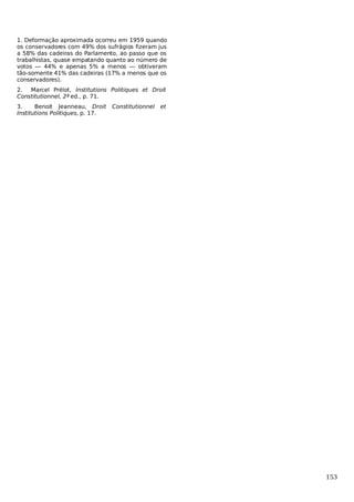 1. Deformação aproximada ocorreu em 1959 quando
os conservadores com 49% dos sufrágios fizeram jus
a 58% das cadeiras do Parlamento, ao passo que os
trabalhistas, quase empatando quanto ao número de
votos — 44% e apenas 5% a menos — obtiveram
tão-somente 41% das cadeiras (17% a menos que os
conservadores).
2.
Marcel Prélot, Institutions Politiques et Droit
Constitutionnel, 2ª ed., p. 71.
3.
Benoit Jeanneau, Droit
Institutions Politiques, p. 17.

Constitutionnel

et

153

 