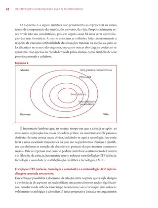 62   ORIENTAÇÕES CURRICULARES PARA O ENSINO MÉDIO




         O Esquema 2, a seguir, sintetiza esse pensamento ao representar os vários
     níveis de compreensão do mundo, do universo, da vida. Propositadamente es-
     ses níveis não são concêntricos, pois em alguns casos há uma certa aproxima-
     ção das suas fronteiras. A isso se associam as reﬂexões feitas anteriormente a
     respeito da excessiva artiﬁcialidade das situações tratadas na escola, as quais se
     localizariam no centro do esquema, enquanto outras abordagens poderiam se
     aproximar não apenas da realidade vivida pelos alunos, como também de seus
     projetos pessoais e coletivos.
     Esquema 2


         Mundo                                            três grandes competências

                                                         CTS e ACT




                                                  livro didático


                                                        livro didático e
                                                          paradidático



         Universo                                                           Vida




         É importante lembrar que, ao mesmo tempo em que a ciência se opõe ao
     mito como explicação das coisas de ordem prática, na modernidade ela passou a
     desfrutar de uma crença quase divina, incluindo-se aqui a tecnologia. Isso pode
     levar a uma sociedade tecnocrática na qual são os parâmetros técnicos e cientíﬁ-
     cos que deﬁnem as tomadas de decisões em prejuízo dos parâmetros humanos e
     sociais. Para se repensar esse cenário podem contribuir a introdução da História
     e a Filosoﬁa da ciência, juntamente com o enfoque metodológico CTS (ciência,
     tecnologia e sociedade) e a alfabetização cientíﬁca e tecnológica (ACE).

     O enfoque CTS (ciência, tecnologia e sociedade) e a metodologia ACE (apren-
     dizagem centrada em eventos)
     Esse enfoque possibilita a discussão da relação entre os pólos que a sigla designa
     e a relevância de aspectos tecnocientíﬁcos em acontecimentos sociais signiﬁcati-
     vos. Envolve ainda reﬂexões no campo econômico e sua articulação com o desen-
     volvimento tecnológico e cientíﬁco. É uma perspectiva baseada em argumentos
 