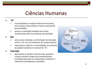 Ciências Humanas
   “id”
          correspondente à noção inicial de inconsciente,
           seria a parte mais primitiva e menos acessível da
           personalidade.
          procura a satisfação imediata sem tomar
           conhecimento das circunstâncias da realidade
   Ego
          serve como mediador, um facilitador da interação
           entre o “id” e as circunstâncias do mundo externo.
          representa a razão ou a racionalidade, ao contrário
           da paixão insistente e irracional do “id”.
   Superego
          desenvolve-se desde o inicio da vida, quando a
           criança assimila as regras de comportamento
           ensinadas pelos pais ou responsáveis mediante o
           sistema de recompensas e punições.
                                                                 22
 