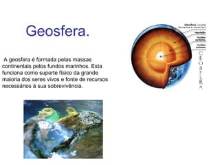 Geosfera.
 A geosfera é formada pelas massas
continentais pelos fundos marinhos. Esta
funciona como suporte físico da grande
maioria dos seres vivos e fonte de recursos
necessários á sua sobrevivência.
 