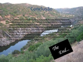 Conclusão 
Concluímos que a criação do Parque Natural do Vale do Guadiana tem 
como objectivos: a gestão racional dos recursos naturais e paisagísticos 
caracterizadores da região e o desenvolvimento de acções tendentes à 
salvaguarda dos mesmos, nomeadamente no que respeita aos aspectos 
paisagísticos, geológicos, geomorfológicos, florísticos e faunísticos; a 
salvaguarda do património histórico e tradicional da região, bem como a 
promoção de uma arquitectura integrada na paisagem; a promoção do 
desenvolvimento económico e do bem-estar das populações, em harmonia 
com as leis fundamentais da Natureza. 

