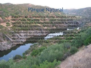 Parque Natural 
 É uma área que se caracteriza por conter paisagens naturais, 
seminaturais, humanizadas e de interesse nacional, sendo 
exemplo de integração harmoniosa da actividade humana e da 
natureza, e que representa amostras de um bioma ou região. 
 O Parque Natural do Vale do Guadiana é constituído 
principalmente por rochas metamórficas, tais como os silítos, os 
xistos, os conglomerados, os metarenitos e os grauvaques, entre 
outras. Mas, este território é também atravessado por uma faixa 
piritosa de constituição vulcânica, com uma larga estrutura 
mineralizada. 
 