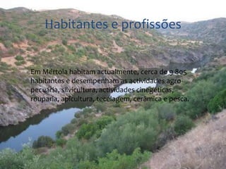Habitantes e profissões 
 Em Mértola habitam actualmente, cerca de 9 805 
habitantes e desempenham as actividades agro-pecuária, 
silvicultura, actividades cinegéticas, 
rouparia, apicultura, tecelagem, cerâmica e pesca. 
 