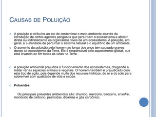 CAUSAS DE POLUIÇÃO
 A poluição é atribuída ao ato de contaminar o meio ambiente através da
introdução de certos agentes perigosos que perturbam o ecossistema e afetam
direta ou indiretamente os organismos vivos de um ecossistema. A poluição, em
geral, é a atividade de perturbar o sistema natural e o equilíbrio de um ambiente.
 O aumento da poluição pelo homem ao longo dos anos tem causado graves
danos ao ecossistema da Terra. Ele é responsável pelo aquecimento global, que
está levando ao fim todas as vidas na Terra.
 A poluição ambiental prejudica o funcionamento dos ecossistemas, chegando a
matar várias espécies animais e vegetais. O homem também é prejudicado com
este tipo de ação, pois depende muito dos recursos hídricos, do ar e do solo para
sobreviver com qualidade de vida e saúde.
 Poluentes
Os principais poluentes ambientais são: chumbo, mercúrio, benzeno, enxofre,
monóxido de carbono, pesticidas, dioxinas e gás carbônico.
 