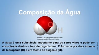 13
Composição da Água
A água é uma substância importante para os seres vivos e pode ser
encontrada dentro e fora de organismos. É formada por dois átomos
de hidrogênio (H) e um átomo de oxigênio (O).
Texto:
Mundo
O
H H
Imagem: Dbc334 (primeira versão); Jynto
(segunda versão) / Domínio Público.
 