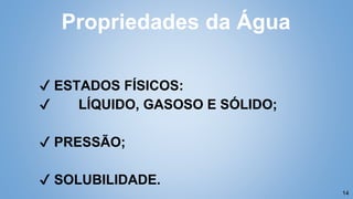 14
Propriedades da Água
✔ ESTADOS FÍSICOS:
✔ LÍQUIDO, GASOSO E SÓLIDO;
✔ PRESSÃO;
✔ SOLUBILIDADE.
 