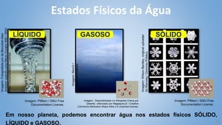 15
Estados Físicos da Água
Em nosso planeta, podemos encontrar água nos estados físicos SÓLIDO,
LÍQUIDO e GASOSO.
Imagem:
Wilson
Bentley,
original
uploader
foi
Ranveig
/
Domínio
Público.
Imagem:
Moni3
/
Domínio
Público.
LÍQUIDO GASOSO SÓLIDO
Imagem:
Fotografada
por
de:Benutzer:Alex
Anlicker
usando
uma
Nikon
Coolpix
950
/
GNU
Free
Documentation
License.
Imagem: P99am / GNU Free
Documentation License.
Imagem: Disponibilizado no Wikipedia Checa por
Qwerter, vetorizado por Magasjukur2 / Creative
Commons Attribution-Share Alike 3.0 Unported license.
Imagem: P99am / GNU Free
Documentation License.
 