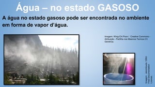 A água no estado gasoso pode ser encontrada no ambiente
em forma de vapor d’água.
Água – no estado GASOSO
Imagem:
Jarombouts
/
GNU
Free
Documentation
License.
Imagem: Wing-Chi Poon / Creative Commons -
Atribuição - Partilha nos Mesmos Termos 2.5
Genérica.
 