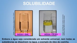 24
Embora a água seja considerada um solvente universal, nem todas as
substâncias se dissolvem na água, a exemplo do óleo de cozinha.
SOLUBILIDADE
Imagem:
Fotografado
por
Derek
Jensen
(Tysto)
/
Domínio
Público.
Imagem:
User:Bitjungle
/
Creative
Commons
Attribution-Share
Alike
2.0
Generic
license.
ÁGUA + ÓLEO
ÁGUA + SAL
 