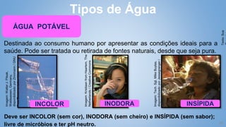 25
Destinada ao consumo humano por apresentar as condições ideais para a
saúde. Pode ser tratada ou retirada de fontes naturais, desde que seja pura.
Tipos de Água
ÁGUA POTÁVEL
Texto:
Sua
INCOLOR
Imagem:
Walter
J.
Pilsak,
Waldsassen,
Germany,
disponibilizado
por
Zinnmann
/
GNU
Free
Documentation
License.
Imagem:
Kristiaan
from
Haarlem,
The
Netherlands
/
Creative
Commons
Attribution
2.0
Generic
license.
INODORA
Imagem:
Tech.
Sgt.
Mike
Buytas,
disponibilizado
por
Jessegranger
/
Domínio
Público.
INSÍPIDA
Deve ser INCOLOR (sem cor), INODORA (sem cheiro) e INSÍPIDA (sem sabor);
livre de micróbios e ter pH neutro.
 