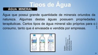 31
Água que possui grande quantidade de minerais oriundos da
natureza. Algumas destas águas possuem propriedades
terapêuticas. Certos tipos de água mineral são próprios para o
consumo, tanto que é envasada e vendida por empresas.
Tipos de Água
ÁGUA MINERAL
Texto:
Sua
Imagem:
Hakatanoshio117117
/
Creative
Commons
Attribution-Share
Alike
3.0
Unported
license.
 
