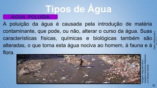 32
Tipos de Água
ÁGUA POLUÍDA
A poluição da água é causada pela introdução de matéria
contaminante, que pode, ou não, alterar o curso da água. Suas
características físicas, químicas e biológicas também são
alteradas, o que torna esta água nociva ao homem, à fauna e à
flora.
Texto:
InfoEscola
e
Imagem:
meg
and
rahul
/
Creative
Commons
Attribution
2.0
Generic
license.
 