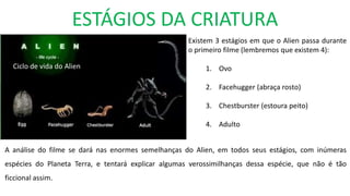 ESTÁGIOS DA CRIATURA
Ciclo de vida do Alien
Existem 3 estágios em que o Alien passa durante
o primeiro filme (lembremos que existem 4):
1. Ovo
2. Facehugger (abraça rosto)
3. Chestburster (estoura peito)
4. Adulto
A análise do filme se dará nas enormes semelhanças do Alien, em todos seus estágios, com inúmeras
espécies do Planeta Terra, e tentará explicar algumas verossimilhanças dessa espécie, que não é tão
ficcional assim.
 