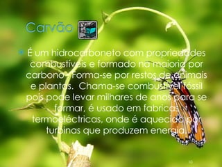 É um hidrocarboneto com propriedades combustíveis e formado na maioria por carbono . Forma-se por restos de animais e plantas.  Chama-se combustível fóssil pois pode levar milhares de anos para se formar, é usado em fabricas termoeléctricas, onde é aquecido por turbinas que produzem energia. 