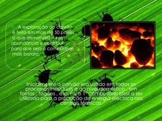 A exploração do carvão é feita em mais de 50 países o que demonstra a sua  abundância e contribui  para que seja o combustível mais barato. Inicialmente o carvão era usado em todos os processos industriais e ao nível doméstico , em fornos , fogões , etc. Foi o 1º combustível fóssil a ser utilizado para a produção de energia eléctrica nas centrais térmicas. 