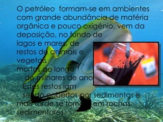 O petróleo  formam-se em ambientes com grande abundância de matéria orgânica e pouco oxigénio, vem da deposição, no fundo de  lagos e mares, de  restos de animais e  vegetais  mortos ao longo  de milhares de anos.  Estes restos iam  sendo cobertos por sedimentos e mais tarde se tornam em rochas sedimentares. 