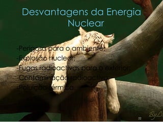Desvantagens da Energia Nuclear -Perigosa para o ambiente; -Explosão nuclear; -Fugas radioactivas para o exterior; -Contaminação radioactiva; -Poluição térmica. 
