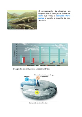 O enriquecimento da atmosfera em
oxigénio levou à formação da camada de
ozono, que filtrou as radiações solares
nocivas e permitiu a conquista do meio
terrestre.
Evolução das percentagens de gases atmosféricos
 