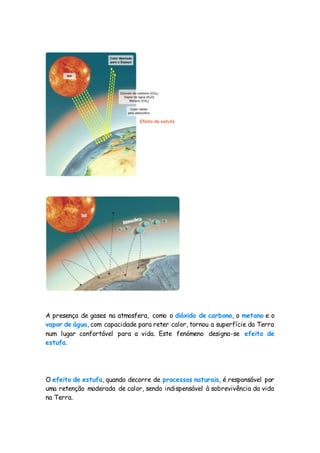 A presença de gases na atmosfera, como o dióxido de carbono, o metano e o
vapor de água, com capacidade para reter calor, tornou a superfície da Terra
num lugar confortável para a vida. Este fenómeno designa-se efeito de
estufa.
O efeito de estufa, quando decorre de processos naturais, é responsável por
uma retenção moderada de calor, sendo indispensável à sobrevivência da vida
na Terra.
 