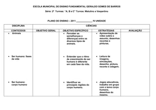 ESCOLA MUNICIPAL DE ENSINO FUNDAMENTAL GERALDO GOMES DE BARROS

                                Série: 2ª Turmas: “A, B e C” Turnos: Matutino e Vespertino



                                  PLANO DE ENSINO – 2011 _____________ IV UNIDADE

    DISCIPLINA                                                        CIÊNCIAS

  CONTEÚDOS               OBJETIVO GERAL        OBJETIVO ESPECÍFICO              ESTRATÉGIAS            AVALIAÇÃO
• Animais                                       • Perceber as                  • Apresentação de
                                                  semelhanças e                   vídeo sobre o
                                                  diferenças entre os             assunto, desenhos
                                                  diversos tipos de               recortes e
                                                  animais.                        pinturas.




•   Ser humano: fases                           •   Entender que o ritmo       •   Leitura de
    da vida                                         de crescimento do ser          imagens,
                                                    humano é diferente             simulações,
                                                    em cada fase da vida.          desenho, pintura,
                                                                                   recorte e colagem.




•   Ser humano:                                 •   Identificar as             •   Jogos educativos,
    corpo humano                                    principais regiões do          trabalho em grupo
                                                    corpo humano.                  com o tema corpo
                                                                                   humano,
                                                                                   desenhos do
                                                                                   mesmo.
 