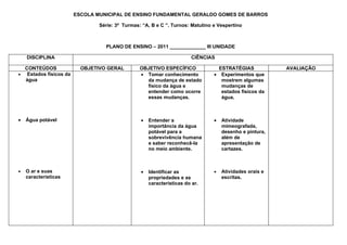ESCOLA MUNICIPAL DE ENSINO FUNDAMENTAL GERALDO GOMES DE BARROS

                               Série: 3ª Turmas: “A, B e C ”. Turnos: Matutino e Vespertino



                                 PLANO DE ENSINO – 2011 _____________ III UNIDADE

    DISCIPLINA                                                         CIÊNCIAS

  CONTEÚDOS              OBJETIVO GERAL         OBJETIVO ESPECÍFICO              ESTRATÉGIAS            AVALIAÇÃO
• Estados físicos da                            • Tomar conhecimento           • Experimentos que
  água                                            da mudança de estado            mostrem algumas
                                                  físico da água e                mudanças de
                                                  entender como ocorre            estados físicos da
                                                  essas mudanças.                 água.



•   Água potável                                •   Entender a                 •   Atividade
                                                    importância da água            mimeografada,
                                                    potável para a                 desenho e pintura,
                                                    sobrevivência humana           além de
                                                    e saber reconhecê-la           apresentação de
                                                    no meio ambiente.              cartazes.



•   O ar e suas                                 •   Identificar as             •   Atividades orais e
    características                                 propriedades e as              escritas.
                                                    características do ar.
 
