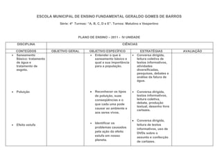 ESCOLA MUNICIPAL DE ENSINO FUNDAMENTAL GERALDO GOMES DE BARROS
                              Série: 4ª Turmas: “A, B, C, D e E”. Turnos: Matutino e Vespertino



                                          PLANO DE ENSINO – 2011 - IV UNIDADE

    DISCIPLINA                                                         CIÊNCIAS

  CONTEÚDOS               OBJETIVO GERAL         OBJETIVO ESPECÍFICO                ESTRATÉGIAS           AVALIAÇÃO
• Saneamento                                     • Entender o que é       •      Conversa dirigida,
  Básico: tratamento                               saneamento básico e           leitura coletiva de
  de água e                                        qual a sua importância        textos informativos,
  tratamento de                                    para a população.             atividades
  esgoto.                                                                        diversificadas,
                                                                                 pesquisas, debates e
                                                                                 análise da fatura de
                                                                                 água.


•   Poluição                                      •   Reconhecer os tipos    •   Conversa dirigida,
                                                      de poluição, suas          textos informativos,
                                                      conseqüências e o          leitura coletiva,
                                                      que cada uma pode          debate, produção
                                                                                 textual, desenho livre
                                                      causar ao ambiente e
                                                                                 cartazes.
                                                      aos seres vivos.

                                                                             •   Conversa dirigida,
                                                  •   Identificar os
•   Efeito estufa                                                                leitura de textos
                                                      problemas causados         informativos, uso de
                                                      pela ação do efeito        DVDs sobre o
                                                      estufa em nosso            assunto e confecção
                                                      planeta.                   de cartazes.
 