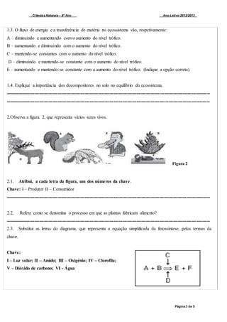 Ciências Naturais – 8º Ano Ano Letivo 2012/2013
Página 3 de 5
1.3. O fluxo de energia e a transferência de matéria no ecossistema vão, respetivamente:
A – diminuindo e aumentando com o aumento do nível trófico.
B – aumentando e diminuindo com o aumento do nível trófico.
C – mantendo-se constantes com o aumento do nível trófico.
D – diminuindo e mantendo-se constante com o aumento do nível trófico.
E – aumentando e mantendo-se constante com a aumento do nível trófico. (Indique a opção correta).
1.4. Explique a importância dos decompositores no solo no equilíbrio do ecossistema.
--------------------------------------------------------------------------------------------------------------------------------------
--------------------------------------------------------------------------------------------------------------------------------------
2.Observa a figura 2, que representa vários seres vivos.
2.1. Atribui, a cada letra da figura, um dos números da chave.
Chave: I – Produtor II – Consumidor
--------------------------------------------------------------------------------------------------------------------------------------
2.2. Refere como se denomina o processo em que as plantas fabricam alimento?
--------------------------------------------------------------------------------------------------------------------------------------
2.3. Substitui as letras do diagrama, que representa a equação simplificada da fotossíntese, pelos termos da
chave.
Chave:
I – Luz solar; II – Amido; III – Oxigénio; IV – Clorofila;
V – Dióxido de carbono; VI - Água
Figura 2
 