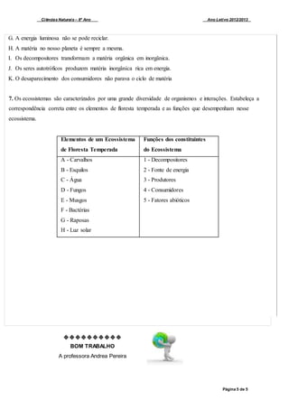 Ciências Naturais – 8º Ano Ano Letivo 2012/2013
Página 5 de 5
G. A energia luminosa não se pode reciclar.
H. A matéria no nosso planeta é sempre a mesma.
I. Os decompositores transformam a matéria orgânica em inorgânica.
J. Os seres autotróficos produzem matéria inorgânica rica em energia.
K. O desaparecimento dos consumidores não parava o ciclo de matéria
7. Os ecossistemas são caracterizados por uma grande diversidade de organismos e interações. Estabeleça a
correspondência correta entre os elementos de floresta temperada e as funções que desempenham nesse
ecossistema.
Elementos de um Ecossistema
de Floresta Temperada
Funções dos constituintes
do Ecossistema
A - Carvalhos
B - Esquilos
C - Água
D - Fungos
E - Musgos
F - Bactérias
G - Raposas
H - Luz solar
1 - Decompositores
2 - Fonte de energia
3 - Produtores
4 - Consumidores
5 - Fatores abióticos

BOM TRABALHO
A professora Andrea Pereira
 