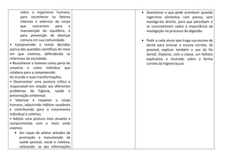 sobre o organismo humano,          Questionar o que pode acontecer quando
        para reconhecer os fatores         ingerimos alimentos com pressa, sem
        internos e externos do corpo       mastiga-los direito, para que percebam e
        que     concorrem     para     a   se conscientizem sobre a importância da
        manutenção do equilíbrio, e        mastigação no processo da digestão.
        para prevenção de doenças
        comuns em sua comunidade.          Pedir a cada aluno que traga sua escova de
• Compreender e tomar decisões             dente para ensinar a escova correta. Se
acerca das questões científicas do meio    possível, explicar também o uso do fio
em que vivemos, defendendo os              dental. Elaborar, com a classe, um folheto
interesses da sociedade;                   explicativo e ilustrado sobre a forma
• Reconhecer o homem como parte do         correta da higiene bucal.
universo e como indivíduo que
colabora para a compreensão
do mundo e suas transformações;
• Desenvolver uma postura crítica e
responsável em relação aos diferentes
problemas de higiene, saúde e
preservação ambiental;
• Valorizar e respeitar o corpo
humano, adquirindo hábitos saudáveis
e contribuindo para o crescimento
individual e coletivo;
• Adotar uma postura mais atuante e
comprometida com o meio onde
vivemos
       Ser capaz de adotar atitudes de
       promoção e manutenção da
       saúde pessoal, social e coletiva,
       utilizando- se das informações
 