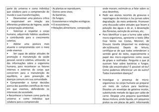 parte do universo e como indivíduo           · As plantas se reproduzem;             onde moram; estimule-os a falar sobre os
que colabora para a compreensão do           · Outros seres vivos;                   seus desenhos;
mundo e suas transformações;                 · As bactérias;                         Pedir aos alunos recortes de gravuras e
•      Desenvolver uma postura crítica       · Os fungos;                            reportagens de revistas e /ou jornais sobre
e responsável em relação aos                 · Ecossistemas e relações ecológicas.   degradação do meio ambiente. Promover
diferentes problemas de higiene, saúde       • O ecossistema;                        uma discussão sobre atitudes que levam à
e preservação ambiental;                     • Relações alimentares composição       poluição das águas e do ar, à devastação
•      Valorizar e respeitar o corpo                                                 das florestas, extinção de animais, etc;
humano, adquirindo hábitos saudáveis                                                 Para identificar o que a turma sabe sobre
e contribuindo para o crescimento                                                    micro-organismos, apresente o texto Olhe
coletivo;                                                                            Esse Vento nas Costas, Menino!, de
•      Adotar uma postura mais                                                       Drauzio Varella (disponível no endereço
atuante e comprometida com o meio                                                    abr.io/drauzio).     Depois   da     leitura,
onde vivemos                                                                         certifique-se de que todos entenderam o
•      Ser capaz de adotar atitudes de                                               sentido geral do texto, especialmente o
promoção e manutenção da saúde                                                       papel dos micro-organismos como causa
pessoal, social e coletiva, utilizando- se                                           de gripes e resfriados. Pergunte o que já
das informações sobre o organismo                                                    ouviram falar sobre bactérias e fungos.
humano, para reconhecer os fatores                                                   Onde são encontrados? É possível vê-los?
internos e externos do corpo que                                                     Como podemos diferenciar um do outro?
concorrem para a manutenção do                                                       Todos transmitem doenças?
equilíbrio, e para prevenção de
doenças comuns em sua comunidade.                                                    Investigue a presença de micro-
• Compreender e tomar decisões                                                       organismos no corpo humano ao preparar
acerca das questões científicas do meio                                              um meio de cultura para bactérias.
em que vivemos, defendendo os                                                        Dissolva um envelope de gelatina incolor,
interesses da sociedade;                                                             substituindo metade da água por caldo de
• Reconhecer o homem como parte do                                                   carne. Despeje uma pequena quantidade
universo e como indivíduo que                                                        dessa mistura, ainda líquida, em pequenos
colabora para a compreensão                                                          pratos ou em placas de petri. Informando
 