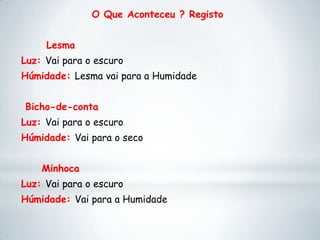 O Que Aconteceu ? Registo
Lesma
Luz: Vai para o escuro
Húmidade: Lesma vai para a Humidade
Bicho-de-conta
Luz: Vai para o escuro
Húmidade: Vai para o seco
Minhoca
Luz: Vai para o escuro
Húmidade: Vai para a Humidade
 