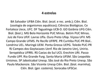 4 estrelas
BA Salvador UFBA Ciên. Biol. (ecol. e rec. amb.); Ciên. Biol.
(zoologia de organismos aquáticos); Ciências Biológicas. Ce
Fortaleza Uece, UFC. DF Taguatinga UCB-D. GO Goiânia UFG Ciên.
Biol. (biol.). MG Belo Horizonte PUC Minas. Betim PUC Minas.
Juiz de Fora UFJF. Lavras Ufla. Ouro Preto Ufop. Viçosa UFV. MS
Campo Grande UFMS. Pe Recife UFRPE. PR Curitiba PUC-PR Biol..
Londrina UEL. Maringá UEM. Ponta Grossa UEPG. Toledo PUC-PR
RJ Campos dos Goytacazes Uenf. Rio de Janeiro Uerj, Unirio.
Seropédica UFRRJ. RS Caxias do Sul UCS. Erechim URI. Passo
Fundo UPF. Rio Grande Furg. Santa Maria UFSM. São Leopoldo
Unisinos. SP Jaboticabal Unesp. São José do Rio Preto Unesp. São
Paulo Mackenzie. São Vicente Unesp Ciên. Biol. (biol. marinha);
Ciên. Biol. (ger. costeiro). Sorocaba UFSCar.
 