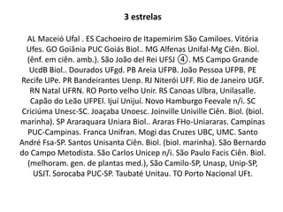 3 estrelas
AL Maceió Ufal . ES Cachoeiro de Itapemirim São Camiloes. Vitória
Ufes. GO Goiânia PUC Goiás Biol.. MG Alfenas Unifal-Mg Ciên. Biol.
(ênf. em ciên. amb.). São João del Rei UFSJ ④. MS Campo Grande
UcdB Biol.. Dourados UFgd. PB Areia UFPB. João Pessoa UFPB. PE
Recife UPe. PR Bandeirantes Uenp. RJ Niterói UFF. Rio de Janeiro UGF.
RN Natal UFRN. RO Porto velho Unir. RS Canoas Ulbra, Unilasalle.
Capão do Leão UFPEl. Ijuí Unijuí. Novo Hamburgo Feevale n/i. SC
Criciúma Unesc-SC. Joaçaba Unoesc. Joinville Univille Ciên. Biol. (biol.
marinha). SP Araraquara Uniara Biol.. Araras FHo-Uniararas. Campinas
PUC-Campinas. Franca Unifran. Mogi das Cruzes UBC, UMC. Santo
André Fsa-SP. Santos Unisanta Ciên. Biol. (biol. marinha). São Bernardo
do Campo Metodista. São Carlos Unicep n/i. São Paulo Facis Ciên. Biol.
(melhoram. gen. de plantas med.), São Camilo-SP, Unasp, Unip-SP,
USJT. Sorocaba PUC-SP. Taubaté Unitau. TO Porto Nacional UFt.
 