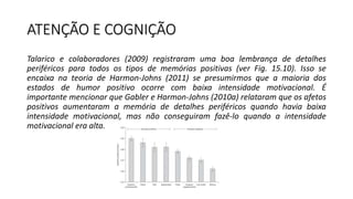 ATENÇÃO E COGNIÇÃO
Talarico e colaboradores (2009) registraram uma boa lembrança de detalhes
periféricos para todos os tipos de memórias positivas (ver Fig. 15.10). Isso se
encaixa na teoria de Harmon-Johns (2011) se presumirmos que a maioria dos
estados de humor positivo ocorre com baixa intensidade motivacional. É
importante mencionar que Gabler e Harmon-Johns (2010a) relataram que os afetos
positivos aumentaram a memória de detalhes periféricos quando havia baixa
intensidade motivacional, mas não conseguiram fazê-lo quando a intensidade
motivacional era alta.
 