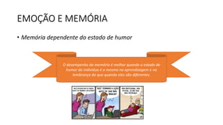 EMOÇÃO E MEMÓRIA
• Memória dependente do estado de humor
O desempenho da memória é melhor quando o estado de
humor do indivíduo é o mesmo na aprendizagem e na
lembrança do que quando eles são diferentes.
 