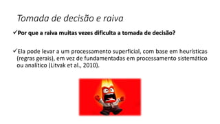 Tomada de decisão e raiva
Por que a raiva muitas vezes dificulta a tomada de decisão?
Ela pode levar a um processamento superficial, com base em heurísticas
(regras gerais), em vez de fundamentadas em processamento sistemático
ou analítico (Litvak et al., 2010).
 