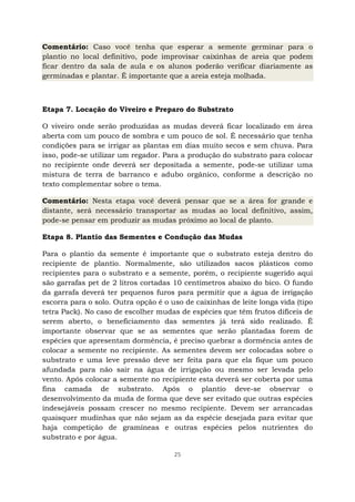25
Comentário: Caso você tenha que esperar a semente germinar para o
plantio no local definitivo, pode improvisar caixinhas de areia que podem
ficar dentro da sala de aula e os alunos poderão verificar diariamente as
germinadas e plantar. É importante que a areia esteja molhada.
Etapa 7. Locação do Viveiro e Preparo do Substrato
O viveiro onde serão produzidas as mudas deverá ficar localizado em área
aberta com um pouco de sombra e um pouco de sol. É necessário que tenha
condições para se irrigar as plantas em dias muito secos e sem chuva. Para
isso, pode-se utilizar um regador. Para a produção do substrato para colocar
no recipiente onde deverá ser depositada a semente, pode-se utilizar uma
mistura de terra de barranco e adubo orgânico, conforme a descrição no
texto complementar sobre o tema.
Comentário: Nesta etapa você deverá pensar que se a área for grande e
distante, será necessário transportar as mudas ao local definitivo, assim,
pode-se pensar em produzir as mudas próximo ao local de planto.
Etapa 8. Plantio das Sementes e Condução das Mudas
Para o plantio da semente é importante que o substrato esteja dentro do
recipiente de plantio. Normalmente, são utilizados sacos plásticos como
recipientes para o substrato e a semente, porém, o recipiente sugerido aqui
são garrafas pet de 2 litros cortadas 10 centímetros abaixo do bico. O fundo
da garrafa deverá ter pequenos furos para permitir que a água de irrigação
escorra para o solo. Outra opção é o uso de caixinhas de leite longa vida (tipo
tetra Pack). No caso de escolher mudas de espécies que têm frutos difíceis de
serem aberto, o beneficiamento das sementes já terá sido realizado. É
importante observar que se as sementes que serão plantadas forem de
espécies que apresentam dormência, é preciso quebrar a dormência antes de
colocar a semente no recipiente. As sementes devem ser colocadas sobre o
substrato e uma leve pressão deve ser feita para que ela fique um pouco
afundada para não sair na água de irrigação ou mesmo ser levada pelo
vento. Após colocar a semente no recipiente esta deverá ser coberta por uma
fina camada de substrato. Após o plantio deve-se observar o
desenvolvimento da muda de forma que deve ser evitado que outras espécies
indesejáveis possam crescer no mesmo recipiente. Devem ser arrancadas
quaisquer mudinhas que não sejam as da espécie desejada para evitar que
haja competição de gramíneas e outras espécies pelos nutrientes do
substrato e por água.
 