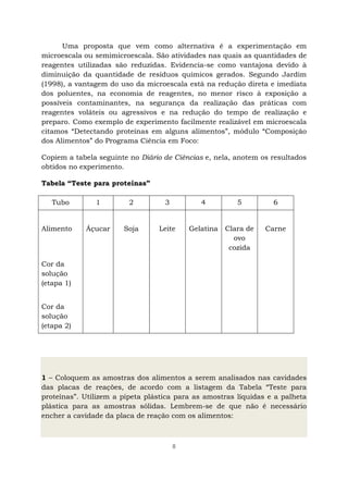 8
Uma proposta que vem como alternativa é a experimentação em
microescala ou semimicroescala. São atividades nas quais as quantidades de
reagentes utilizadas são reduzidas. Evidencia-se como vantajosa devido à
diminuição da quantidade de resíduos químicos gerados. Segundo Jardim
(1998), a vantagem do uso da microescala está na redução direta e imediata
dos poluentes, na economia de reagentes, no menor risco à exposição a
possíveis contaminantes, na segurança da realização das práticas com
reagentes voláteis ou agressivos e na redução do tempo de realização e
preparo. Como exemplo de experimento facilmente realizável em microescala
citamos “Detectando proteínas em alguns alimentos”, módulo “Composição
dos Alimentos” do Programa Ciência em Foco:
Copiem a tabela seguinte no Diário de Ciências e, nela, anotem os resultados
obtidos no experimento.
Tabela “Teste para proteínas”
Tubo 1 2 3 4 5 6
Alimento
Cor da
solução
(etapa 1)
Cor da
solução
(etapa 2)
Áçucar Soja Leite Gelatina Clara de
ovo
cozida
Carne
1 – Coloquem as amostras dos alimentos a serem analisados nas cavidades
das placas de reações, de acordo com a listagem da Tabela “Teste para
proteínas”. Utilizem a pipeta plástica para as amostras líquidas e a palheta
plástica para as amostras sólidas. Lembrem-se de que não é necessário
encher a cavidade da placa de reação com os alimentos:
 