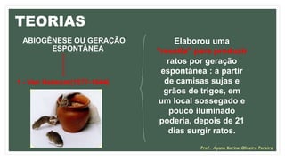 TEORIAS
1 - Van Helmont(1577-1644)
Elaborou uma
“receita” para produzir
ratos por geração
espontânea : a partir
de camisas sujas e
grãos de trigos, em
um local sossegado e
pouco iluminado
poderia, depois de 21
dias surgir ratos.
ABIOGÊNESE OU GERAÇÃO
ESPONTÂNEA
Prof. Ayana Karine Oliveira Pereira
 