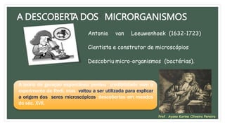 A DESCOBERT
A DOS MICRORGANISMOS
Antonie van Leeuwenhoek (1632-1723)
Cientista e construtor de microscópios
Descobriu micro-organismos (bactérias).
A teoria de geração espontânea perdeu credibilidade com o
experimento de Redi, mas voltou a ser utilizada para explicar
a origem dos seres microscópicos, descobertos em meados
do séc. XVII.
Prof. Ayana Karine Oliveira Pereira
 