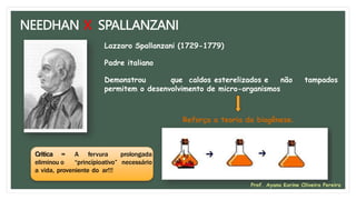 NEEDHAN X SPALLANZANI
Lazzaro Spallanzani (1729-1779)
Padre italiano
Demonstrou que caldos esterelizados e não tampados
permitem o desenvolvimento de micro-organismos
Crítica = A fervura prolongada
eliminou o “princípioativo” necessário
a vida, proveniente do ar!!!
Reforça a teoria da biogênese.
Prof. Ayana Karine Oliveira Pereira
 