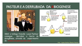 PASTEUR E A DERRUBADA DA ABIOGENESE
1860: o biólogo francês Louis Pasteur
consegue derrubar a teoria da
abiogênese, através do experimento
do frasco do pescoço de cisne.
Prof. Ayana Karine Oliveira Pereira
 
