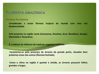 FLORESTA AMAZÔNICA
Floresta Amazônica
o   Considerada a maior floresta tropical do mundo com uma rica
    biodiversidade.


o   Está presente na região norte (Amazonas, Roraima, Acre, Rondônia, Amapá,
    Maranhão e Tocantins).


o   É o habitat de milhares de espécies vegetais e animais.


o   Caracteriza-se pela presença de árvores de grande porte, situadas bem
    próximas umas das outras (floresta fechada).


o   Como o clima na região é quente e úmido, as árvores possuem folhas
    grandes e largas.
 