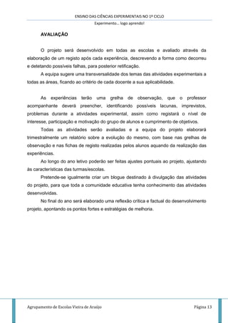 ENSINO DAS CIÊNCIAS EXPERIMENTAIS NO 1º CICLO
Experimento… logo aprendo!
Agrupamento de Escolas Vieira de Araújo Página 13
AVALIAÇÃO
O projeto será desenvolvido em todas as escolas e avaliado através da
elaboração de um registo após cada experiência, descrevendo a forma como decorreu
e detetando possíveis falhas, para posterior retificação.
A equipa sugere uma transversalidade dos temas das atividades experimentais a
todas as áreas, ficando ao critério de cada docente a sua aplicabilidade.
As experiências terão uma grelha de observação, que o professor
acompanhante deverá preencher, identificando possíveis lacunas, imprevistos,
problemas durante a atividades experimental, assim como registará o nível de
interesse, participação e motivação do grupo de alunos e cumprimento de objetivos.
Todas as atividades serão avaliadas e a equipa do projeto elaborará
trimestralmente um relatório sobre a evolução do mesmo, com base nas grelhas de
observação e nas fichas de registo realizadas pelos alunos aquando da realização das
experiências.
Ao longo do ano letivo poderão ser feitas ajustes pontuais ao projeto, ajustando
às características das turmas/escolas.
Pretende-se igualmente criar um blogue destinado à divulgação das atividades
do projeto, para que toda a comunidade educativa tenha conhecimento das atividades
desenvolvidas.
No final do ano será elaborado uma reflexão crítica e factual do desenvolvimento
projeto, apontando os pontos fortes e estratégias de melhoria.
 