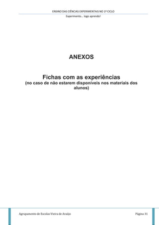 ENSINO DAS CIÊNCIAS EXPERIMENTAIS NO 1º CICLO
Experimento… logo aprendo!
Agrupamento de Escolas Vieira de Araújo Página 31
ANEXOS
Fichas com as experiências
(no caso de não estarem disponíveis nos materiais dos
alunos)
 