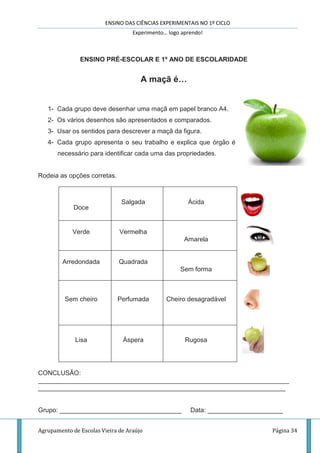 ENSINO DAS CIÊNCIAS EXPERIMENTAIS NO 1º CICLO
Experimento… logo aprendo!
Agrupamento de Escolas Vieira de Araújo Página 34
ENSINO PRÉ-ESCOLAR E 1º ANO DE ESCOLARIDADE
A maçã é…
1- Cada grupo deve desenhar uma maçã em papel branco A4.
2- Os vários desenhos são apresentados e comparados.
3- Usar os sentidos para descrever a maçã da figura.
4- Cada grupo apresenta o seu trabalho e explica que órgão é
necessário para identificar cada uma das propriedades.
Rodeia as opções corretas.
CONCLUSÃO:
______________________________________________________________________
_____________________________________________________________________
Grupo: __________________________________ Data: _____________________
Doce
Salgada Ácida
Verde Vermelha
Amarela
Arredondada Quadrada
Sem forma
Sem cheiro Perfumada Cheiro desagradável
Lisa Áspera Rugosa
 