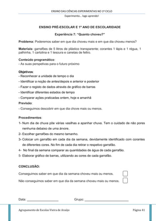 ENSINO DAS CIÊNCIAS EXPERIMENTAIS NO 1º CICLO
Experimento… logo aprendo!
Agrupamento de Escolas Vieira de Araújo Página 41
ENSINO PRÉ-ESCOLAR E 1º ANO DE ESCOLARIDADE
Experiência 7: “Quanto choveu?”
Problema: Poderemos saber em que dia choveu mais e em que dia choveu menos?
Materiais: garrafões de 5 litros de plástico transparente; corantes 1 lápis e 1 régua, 1
palhinha, 1 cartolina e 1 tesoura e canetas de feltro.
Conteúdo programático:
- As suas perspetivas para o futuro próximo
Objetivos:
- Reconhecer a unidade de tempo o dia
- Identificar a noção de antes/depois e anterior e posterior
- Fazer o registo de dados através de gráfico de barras
- Identificar diferentes estados de tempo
- Comparar ações praticadas ontem, hoje e amanhã
Previsão:
- Conseguimos descobrir em que dia chove mais ou menos.
Procedimentos:
1- Num dia de chuva põe várias vasilhas a apanhar chuva. Tem o cuidado de não pores
nenhuma debaixo de uma árvore.
2- Escolher garrafões do mesmo tamanho.
3- Colocar um garrafão em cada dia da semana, devidamente identificado com corantes
de diferentes cores. No fim de cada dia retirar o respetivo garrafão.
4- No final da semana comparar as quantidades de água de cada garrafão.
5- Elaborar gráfico de barras, utilizando as cores de cada garrafão.
CONCLUSÃO:
Conseguimos saber em que dia da semana choveu mais ou menos.
Não conseguimos saber em que dia da semana choveu mais ou menos.
Data: __________________ Grupo: _________________________
 